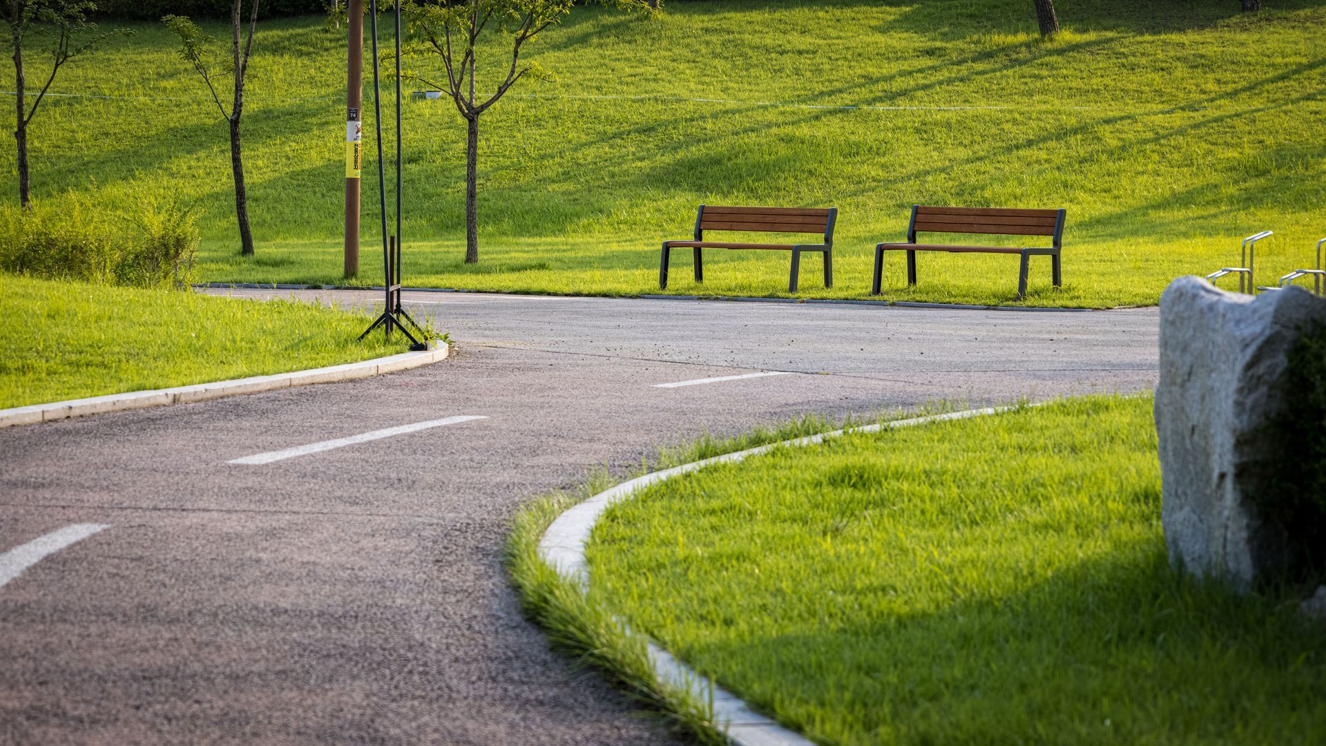 There are two benches on the side of the road in the park.