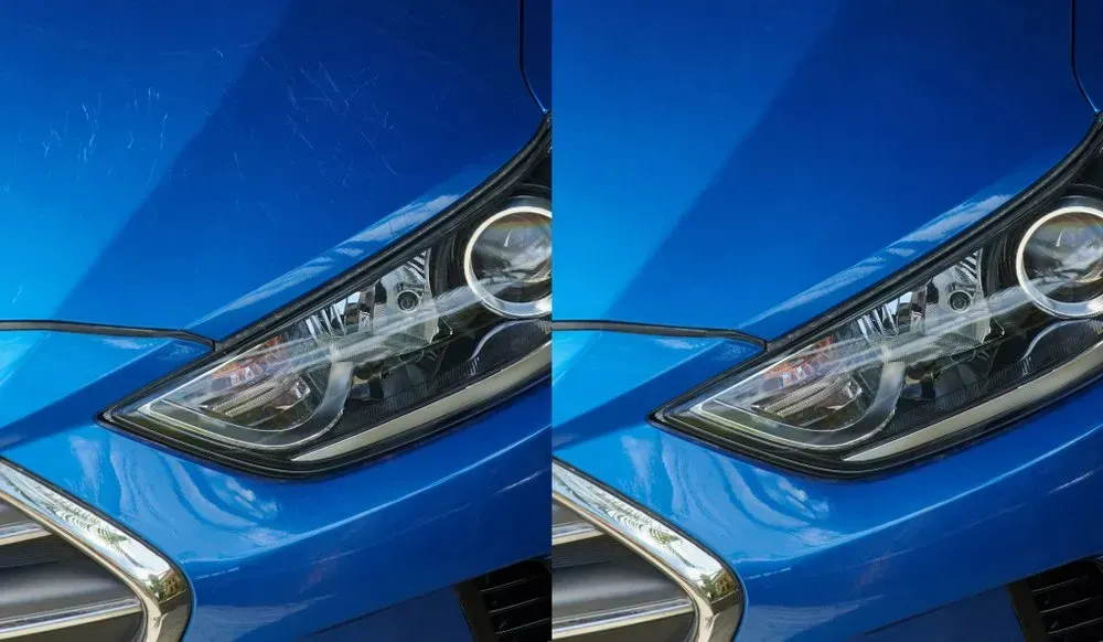 Blue Car Front With Headlight, Before and After Scratch Removal — Coastal Collision Repairs in Buderim, QLD