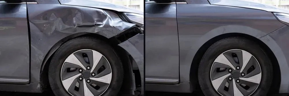 Car Before and After Repair: Dented Front Quarter Panel Versus Smooth — Coastal Collision Repairs in Buderim, QLD