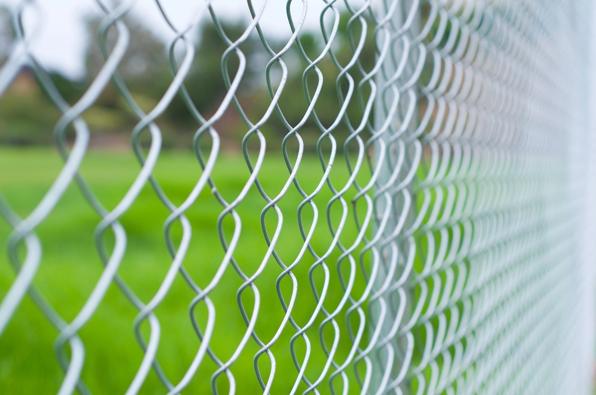 Close-up of a silver chain-link fence with green grass blurred in the background Close-up of a silver chain-link fence with green grass blurred in the background