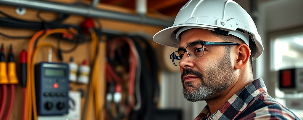 A man wearing a hard hat and glasses is working on an electrical system.