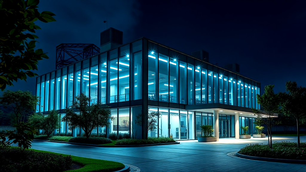 A large building with a lot of windows is lit up at night.