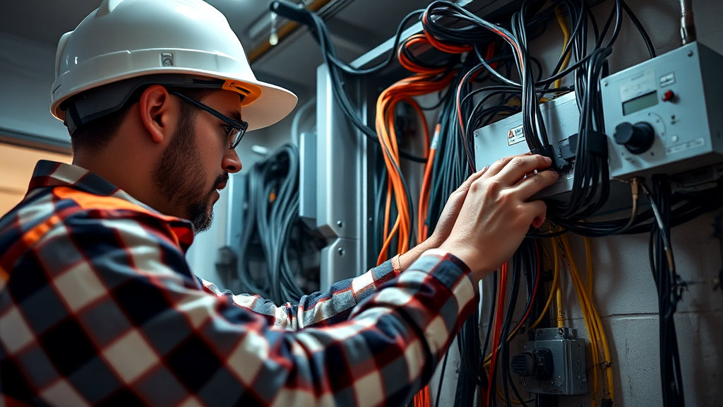 A man in a hard hat is working on an electrical box.