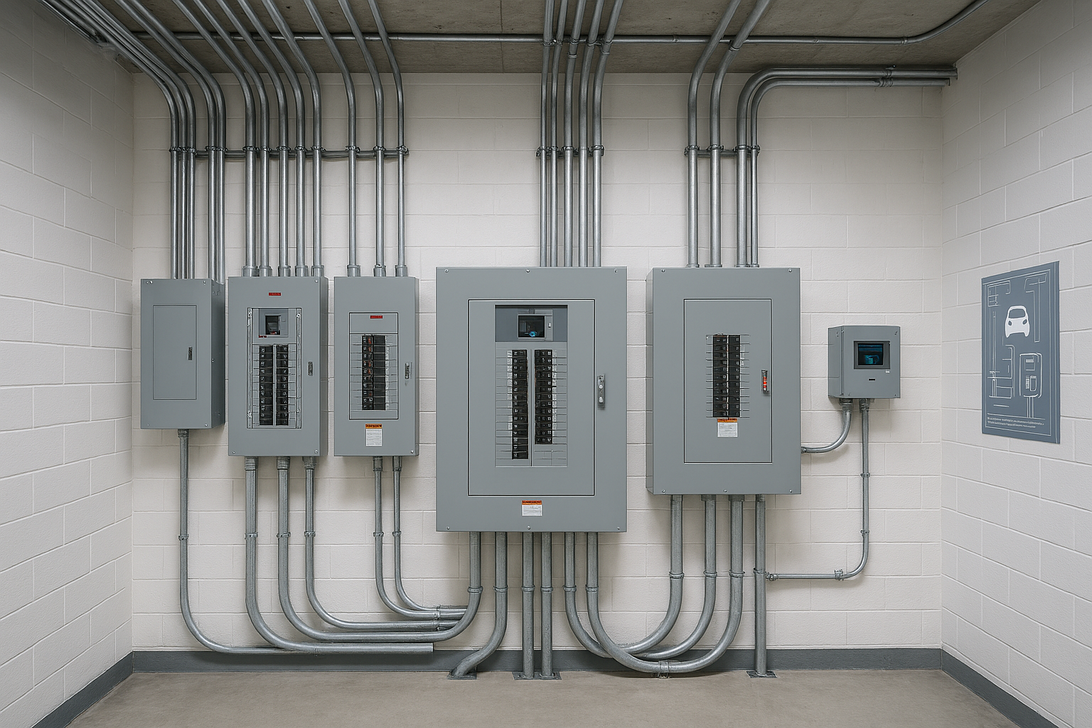 A modern commercial building's electrical room