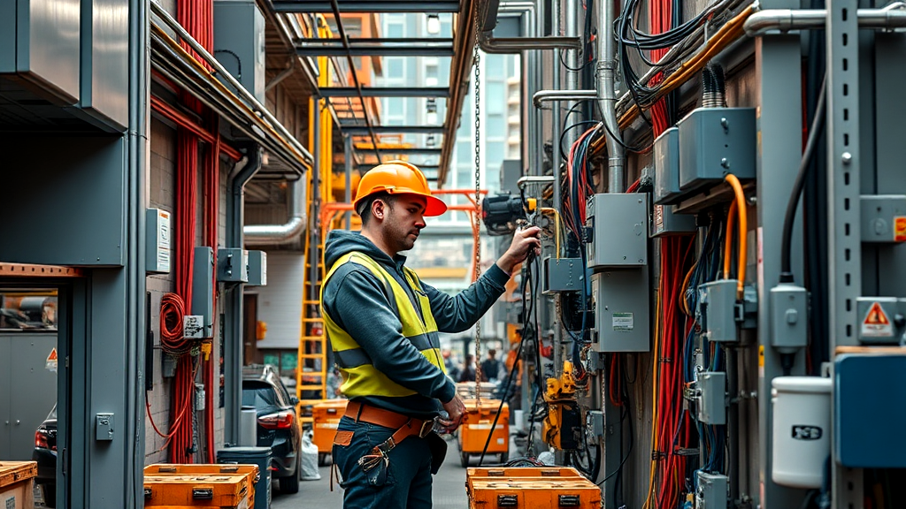 A man wearing a hard hat and safety vest is working on a building.