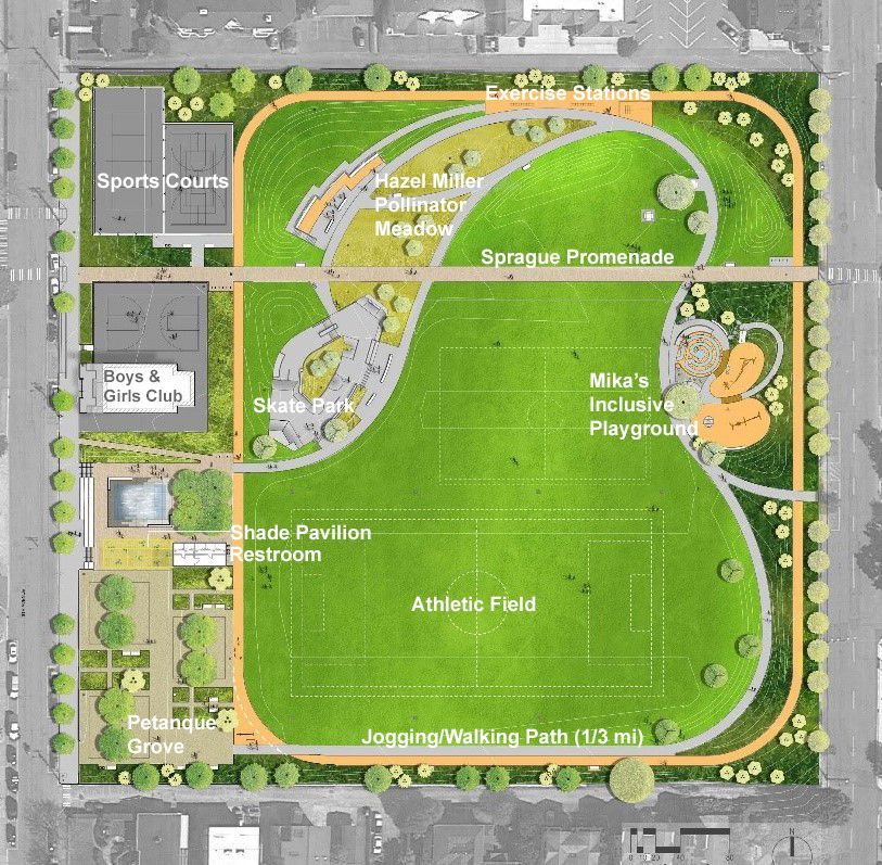 Overhead view of a park with sports courts, athletic field, playground, promenade, and jogging path.