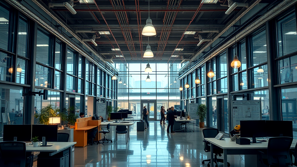 A large empty office with lots of windows and tables and chairs.