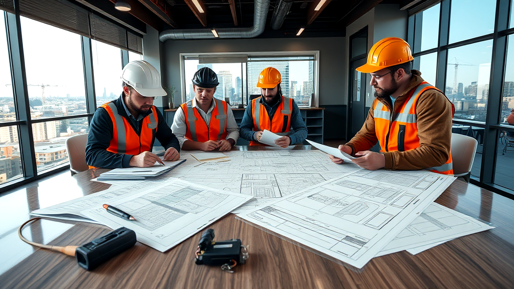 A group of construction workers are sitting around a table looking at blueprints. 