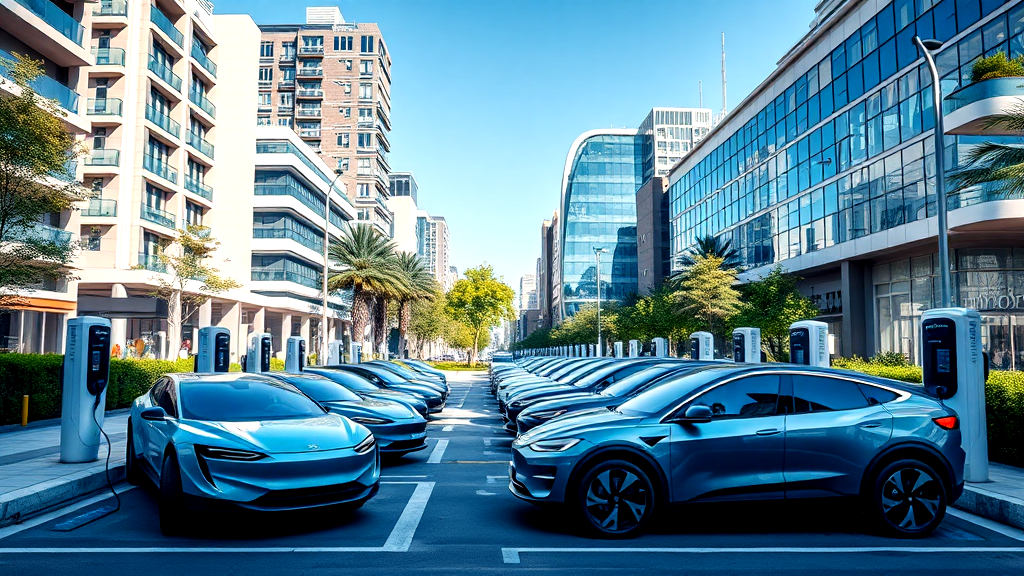 A row of electric cars are being charged at a charging station in a city.