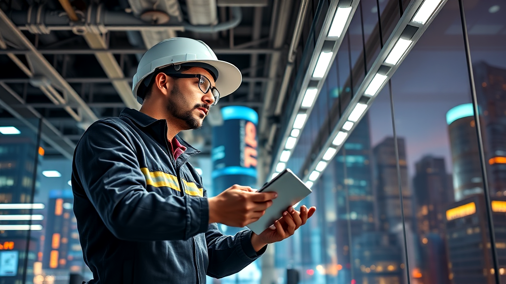 A man in a hard hat is holding a tablet and looking out of a window.