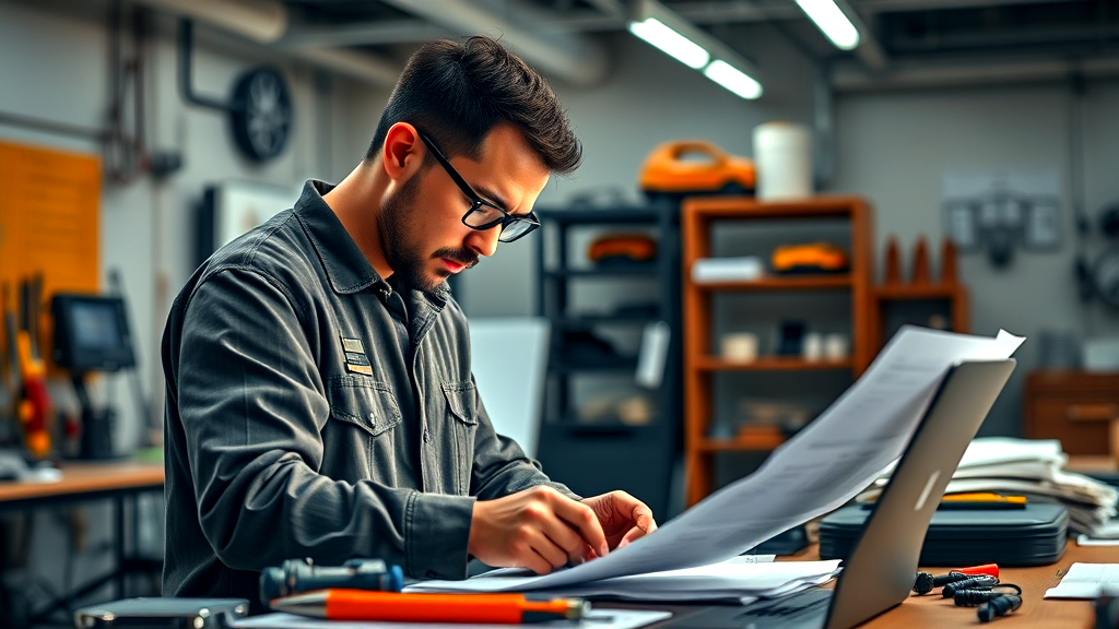 A man is working on a laptop computer while looking at a piece of paper.