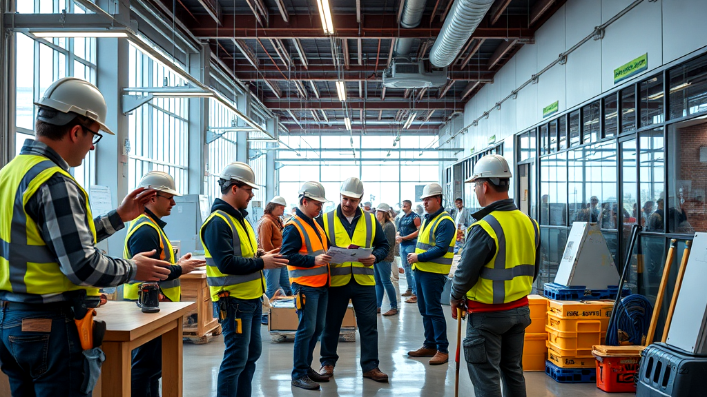 A group of construction workers are standing in a building talking to each other.