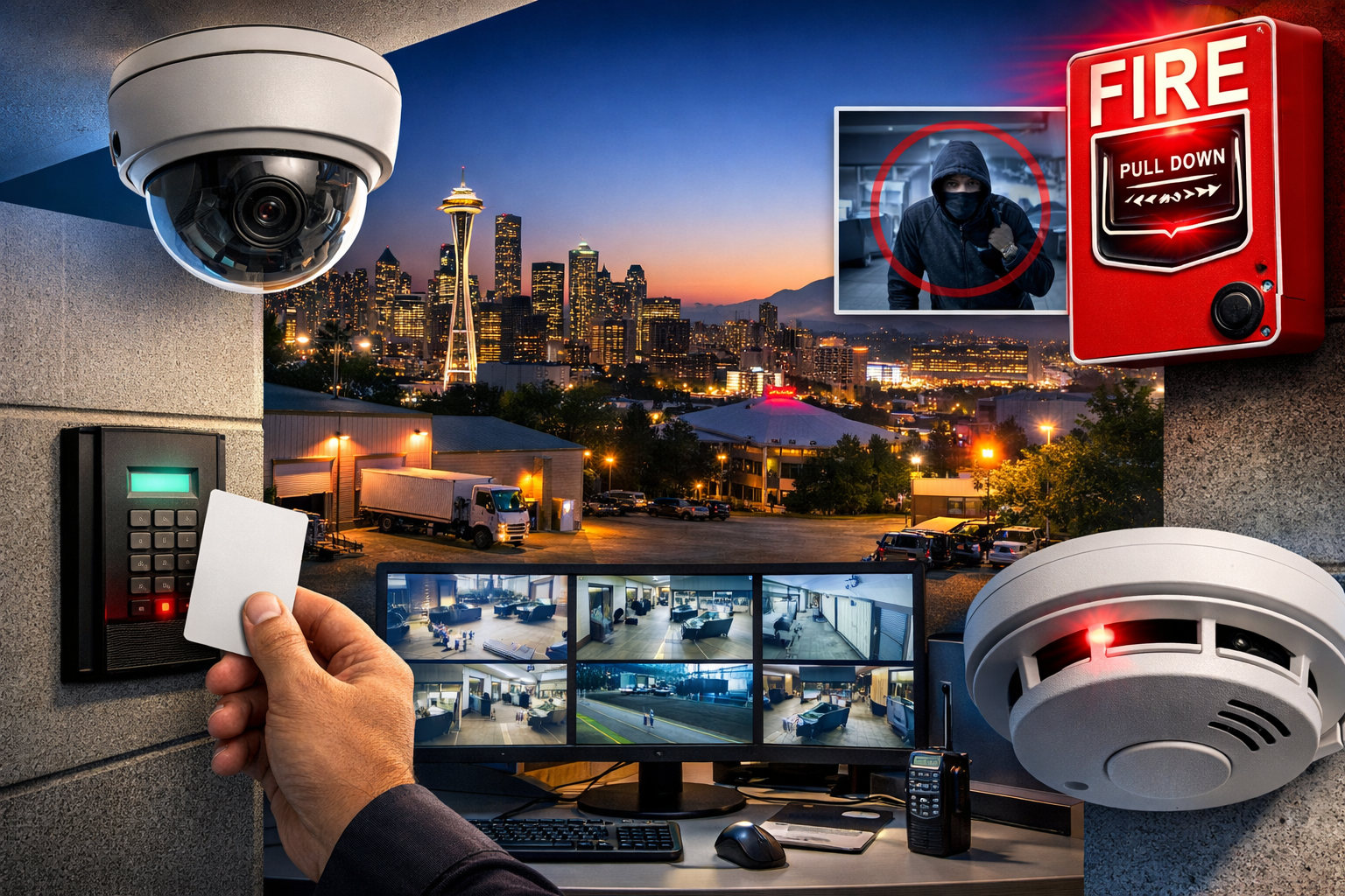 Security cameras, alarm keypad, and monitors overlooking a city at dusk; fire alert display in red.
