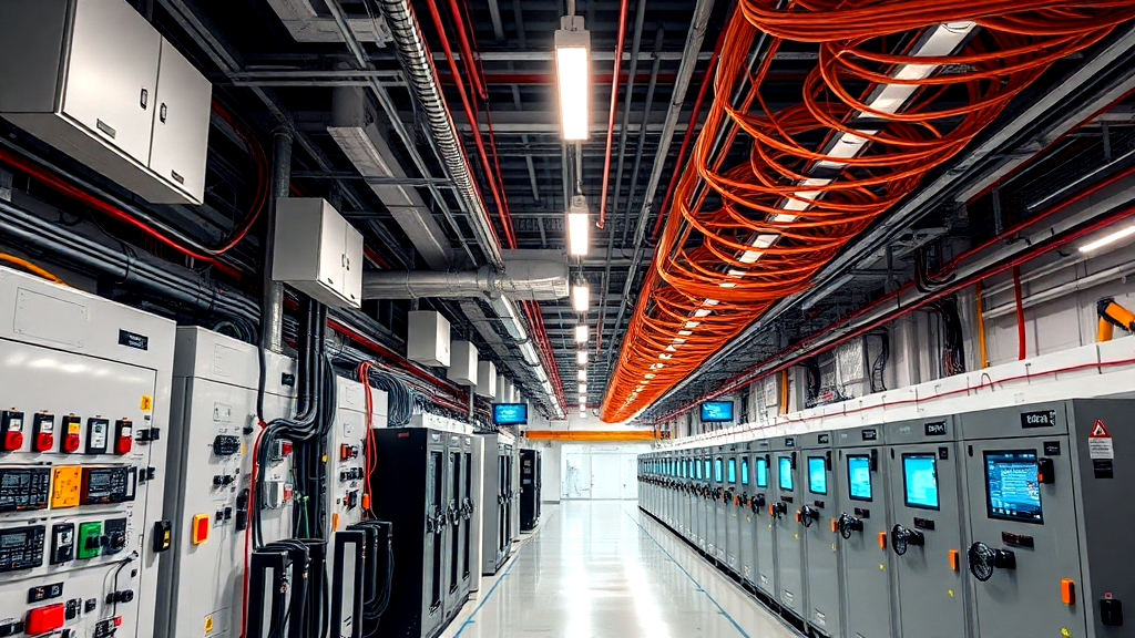 A long hallway filled with lots of electrical equipment and cables.