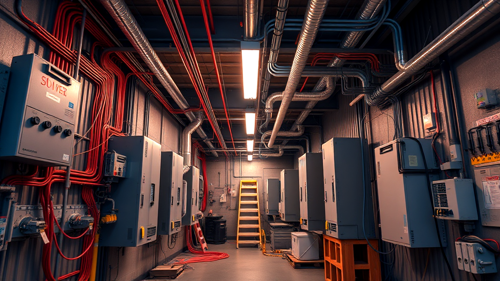 A long hallway filled with lots of electrical boxes and pipes.