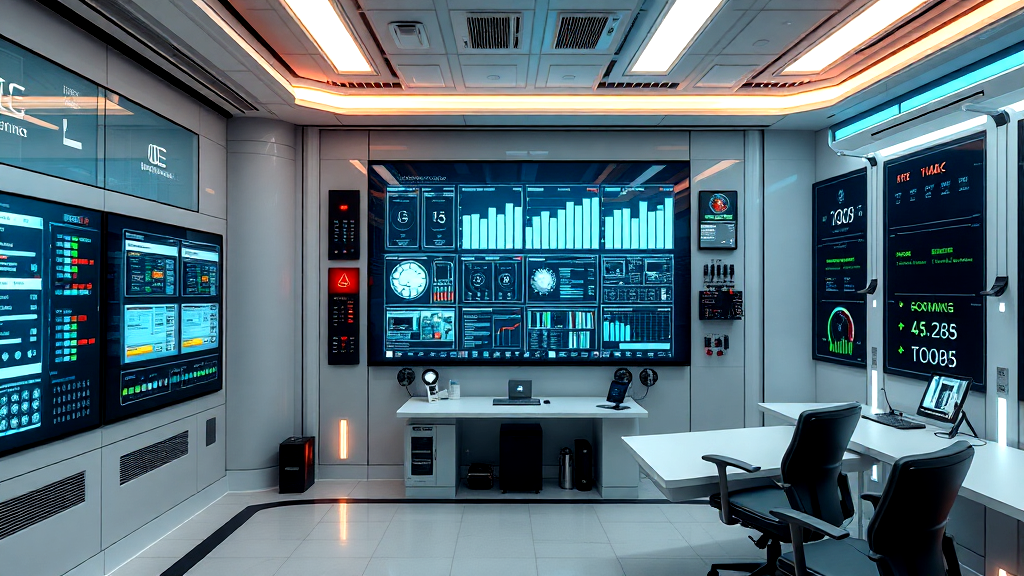 A futuristic control room with a large screen on the wall.