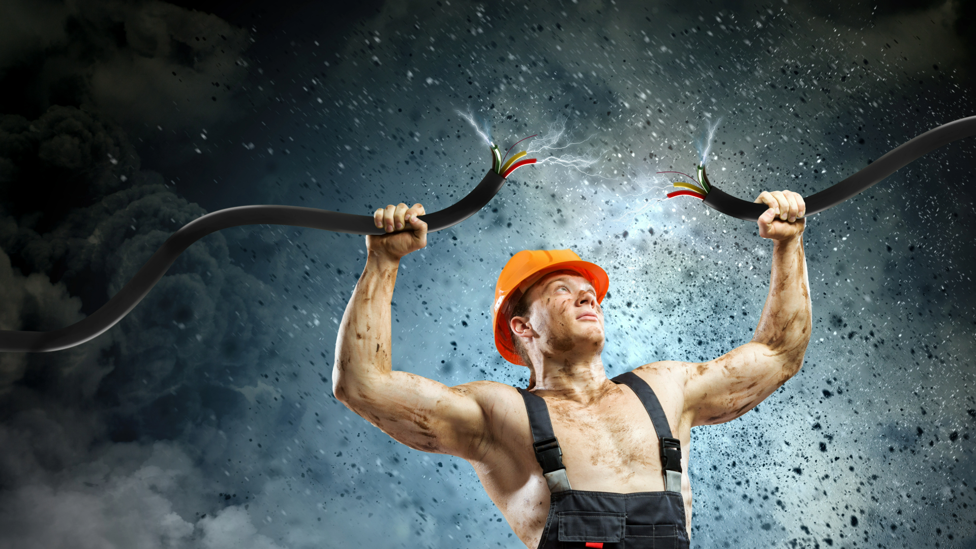 a strong electrical contractor with no shirt on holding up two electrical wires sparking