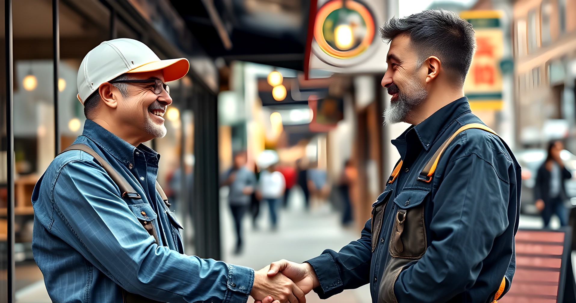 Two men are shaking hands on a city street.