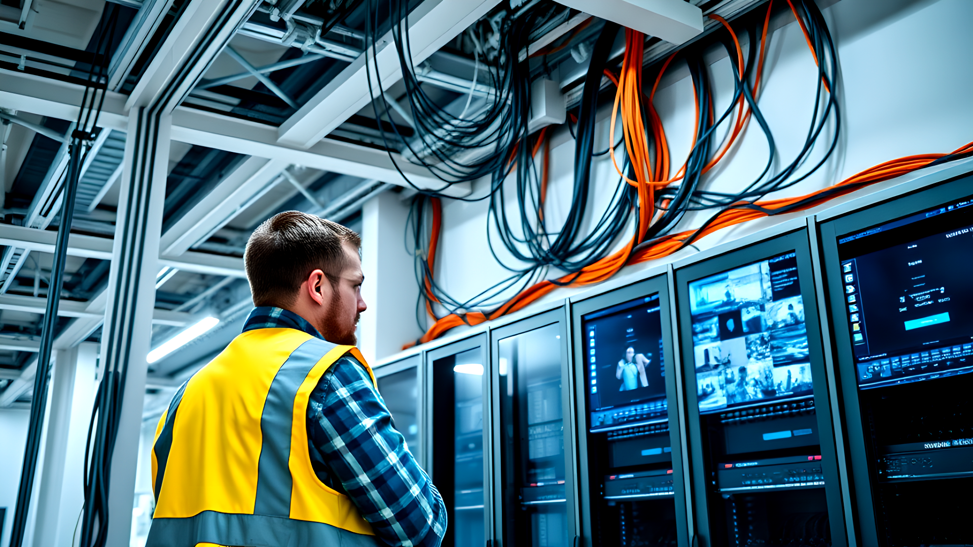 A man in a yellow vest is working in a server room.