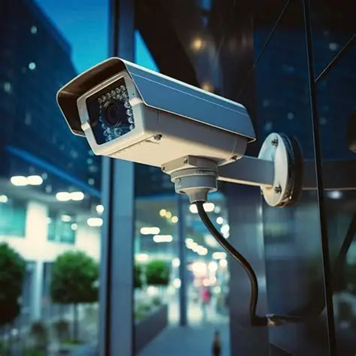 Outdoor security camera mounted on a glass building, overlooking a blurred city walkway at night
