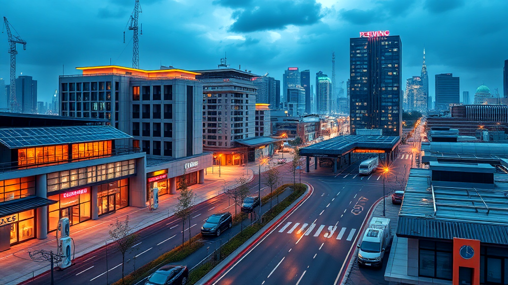 An aerial view of a city at night with cars driving down a street.