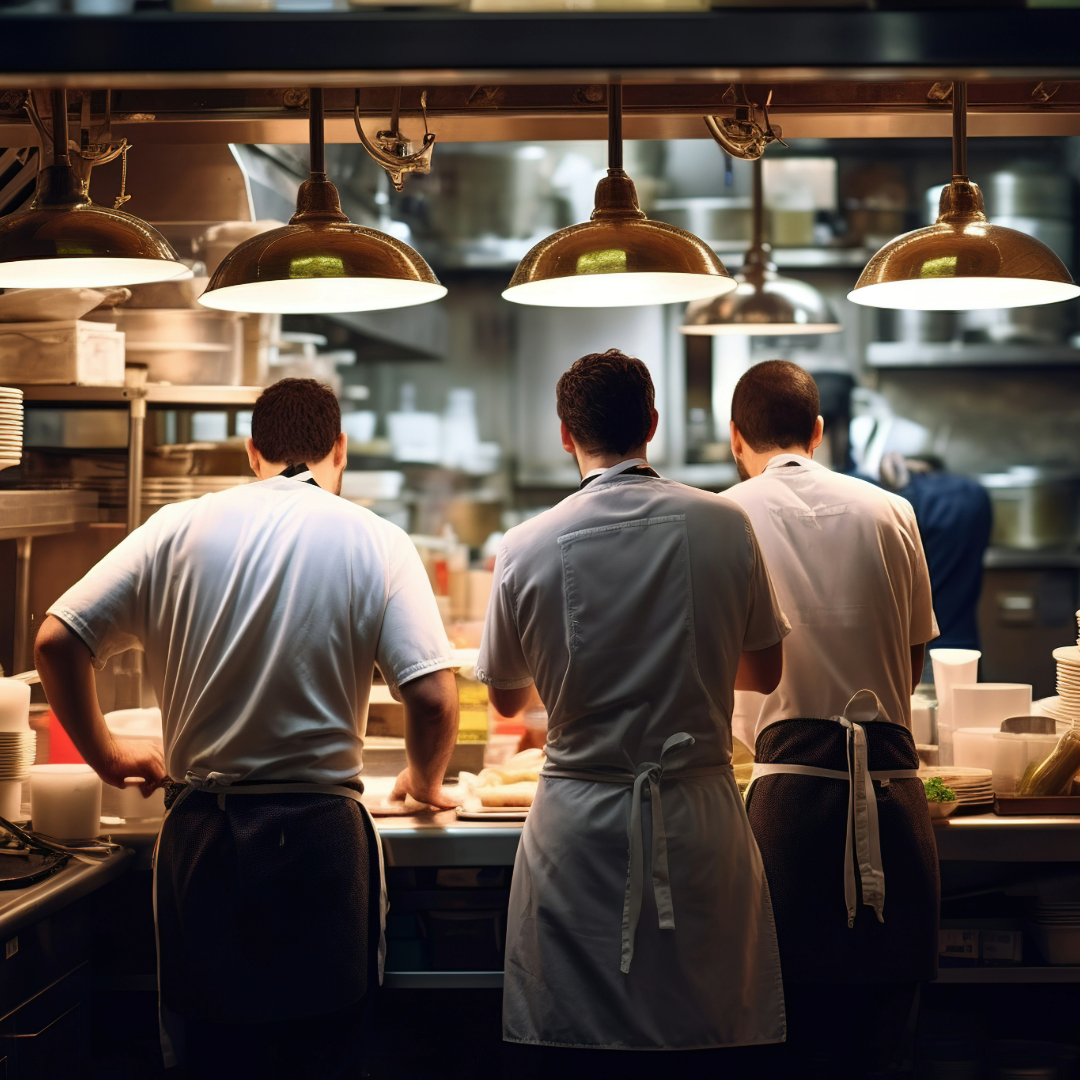 three commercial cooks plating food to go out to their customers under warm lighting