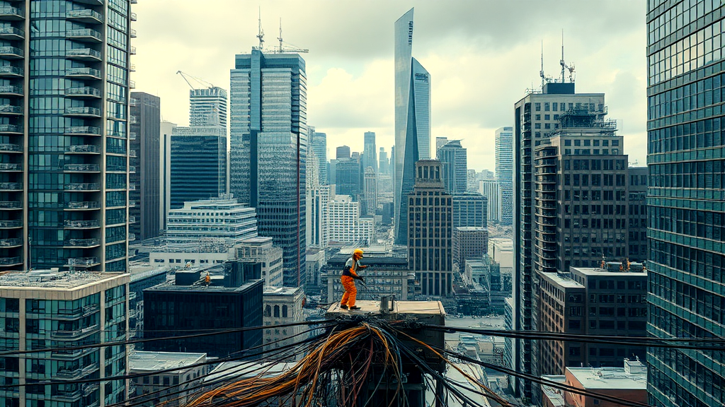 An aerial view of a city with a electrician standing on top of a bridge.