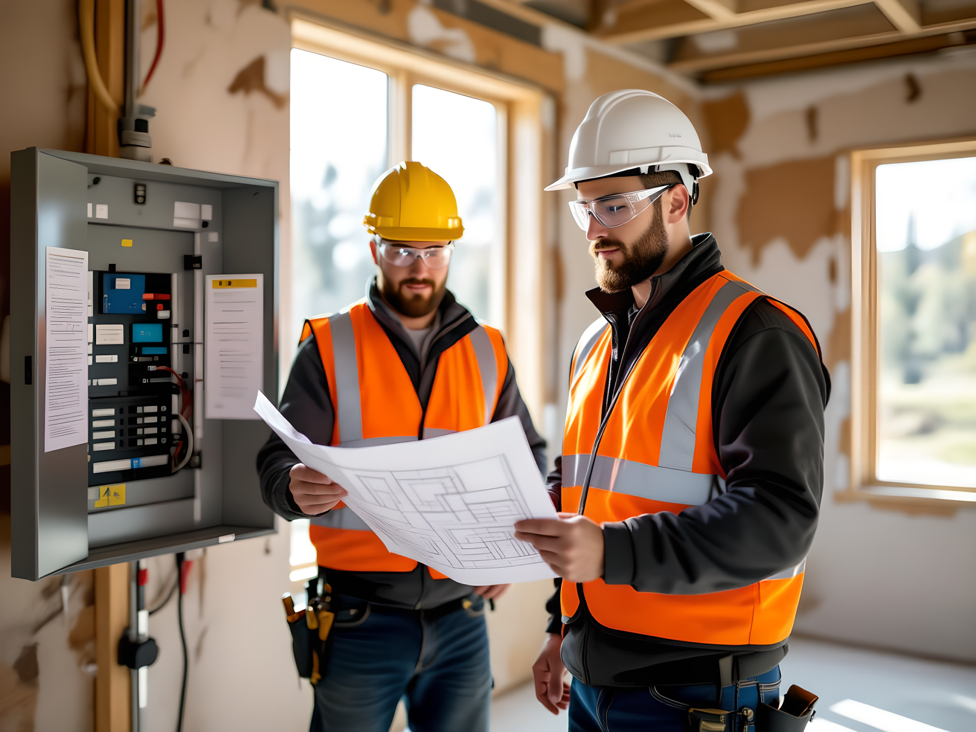 Two construction workers in safety vests and helmets review blueprints beside an electrical panel.