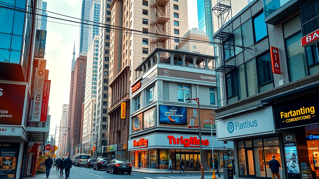 A city street with a lot of buildings and people walking down it.