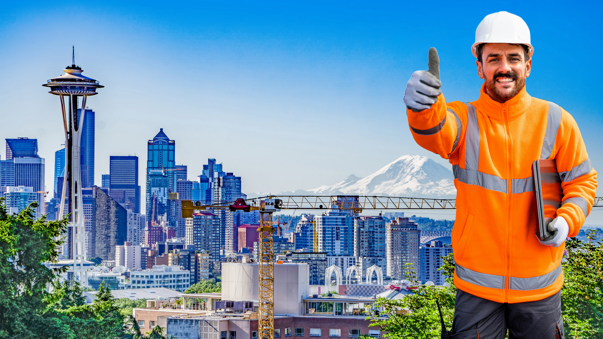 Commercial Electrician giving a thumbs up with Seattle in the background