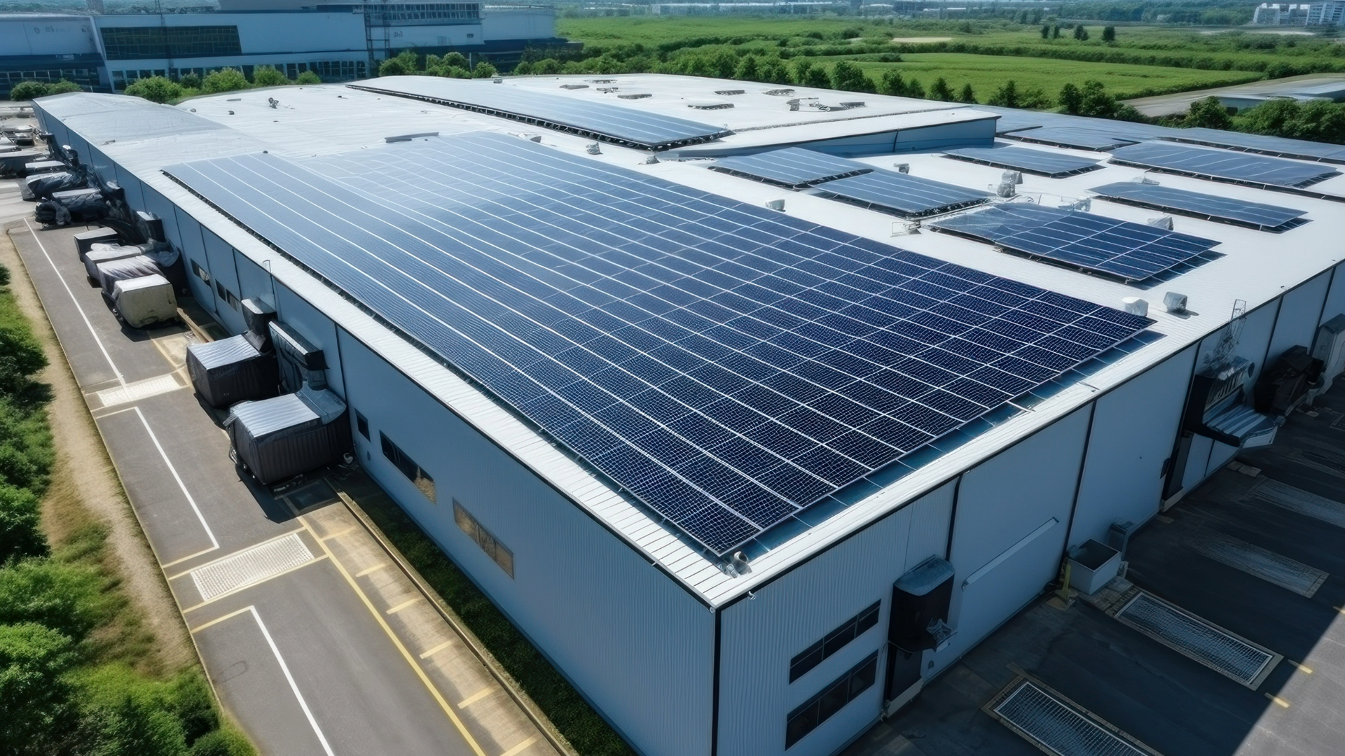 warehouse with a large amount of solar panels on the roof