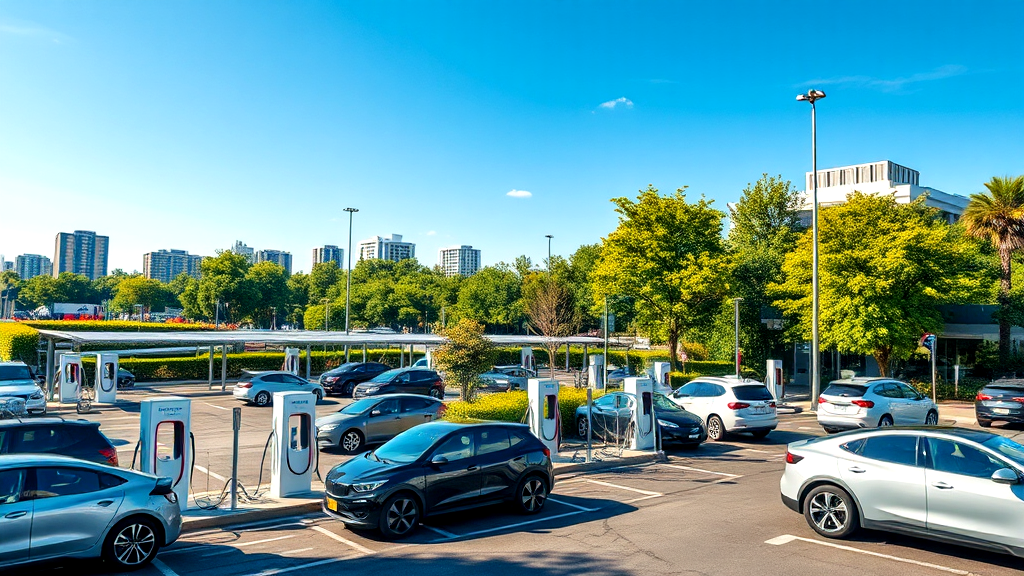 A lot of cars are parked in a parking lot at a charging station.