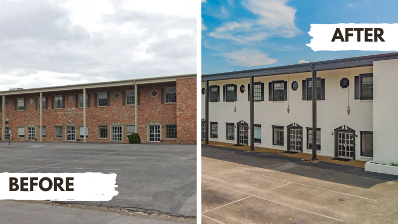 Before and after photo of a building renovation; brick facade to white with black trim.