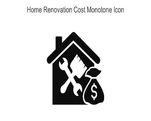 Black house icon with tools crossed inside and a money bag, representing home renovation costs.