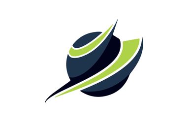 A blue and green globe with a green stripe on it on a white background.
