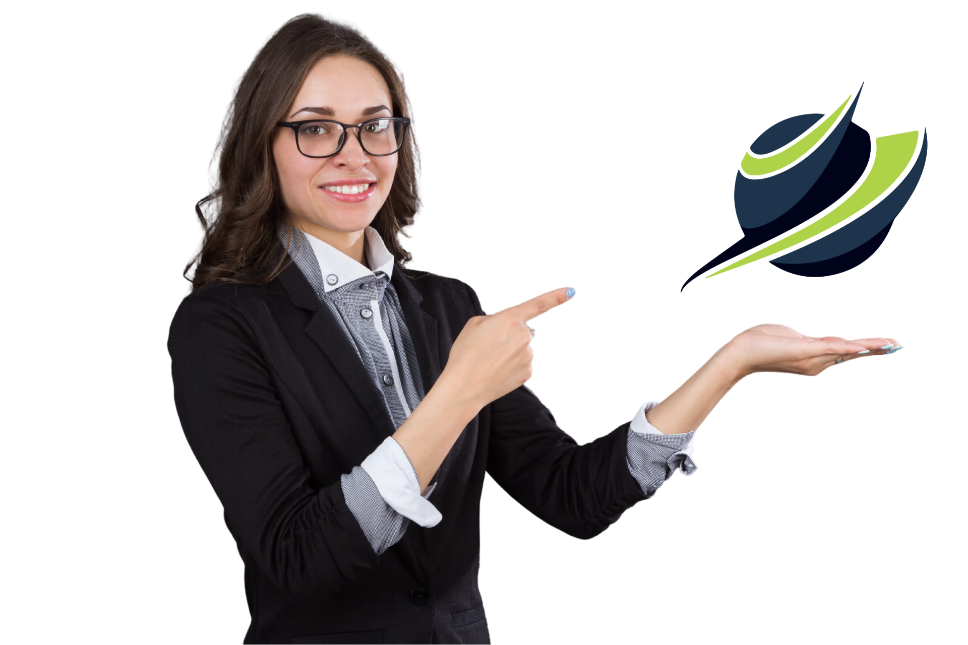 A woman in a suit is pointing at a logo on her hand.