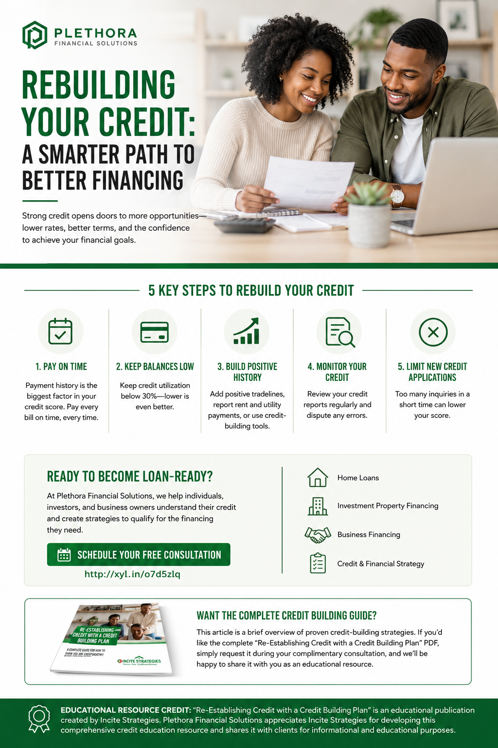 Flyer for rebuilding credit, with a smiling couple reviewing finances and green finance icons.