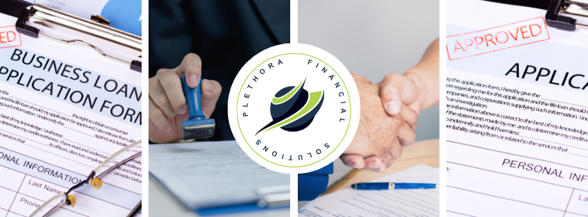 Business loan process with application forms, approval stamp, handshake, and logo.