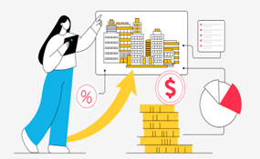 Woman analyzing financial data related to real estate investments. Growing arrow, coins, and charts visualized.