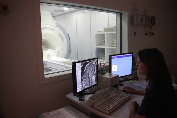 Una donna è seduta a una scrivania e guarda lo schermo di un computer