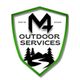 Logo for "Outdoor Services": black "M" with arrow, trees, river, mountains, green border.