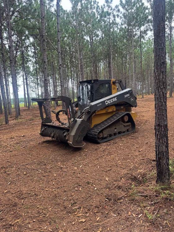 A John Deere mulching machine clearing a forest area.