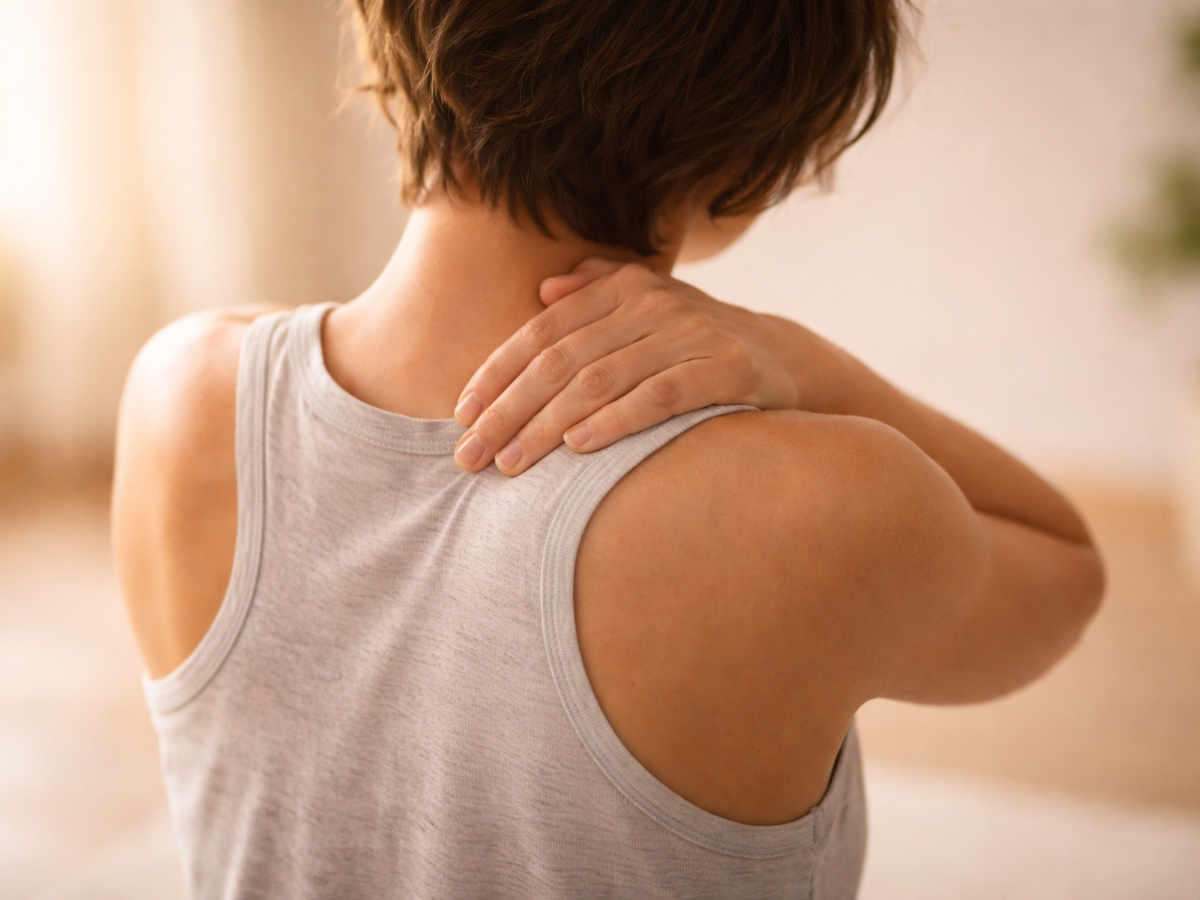 A person in a gray tank top reaching back to massage their neck and shoulder, indicating muscle pain or tension.