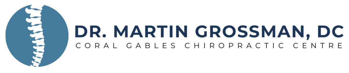 Logo for Dr. Martin Grossman, DC, Coral Gables Chiropractic Centre, featuring a stylized blue circular spine icon.
