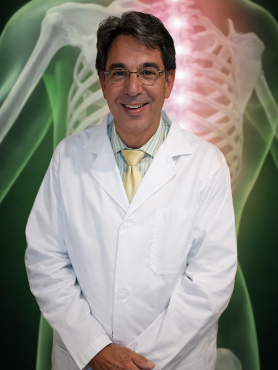 A smiling professional in a white lab coat standing in front of a translucent medical illustration of a human torso.
