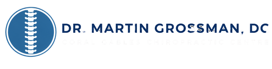 Logo for Dr. Martin Grossman, DC, Coral Gables Chiropractic Centre, featuring a spinal column icon inside a blue circle.