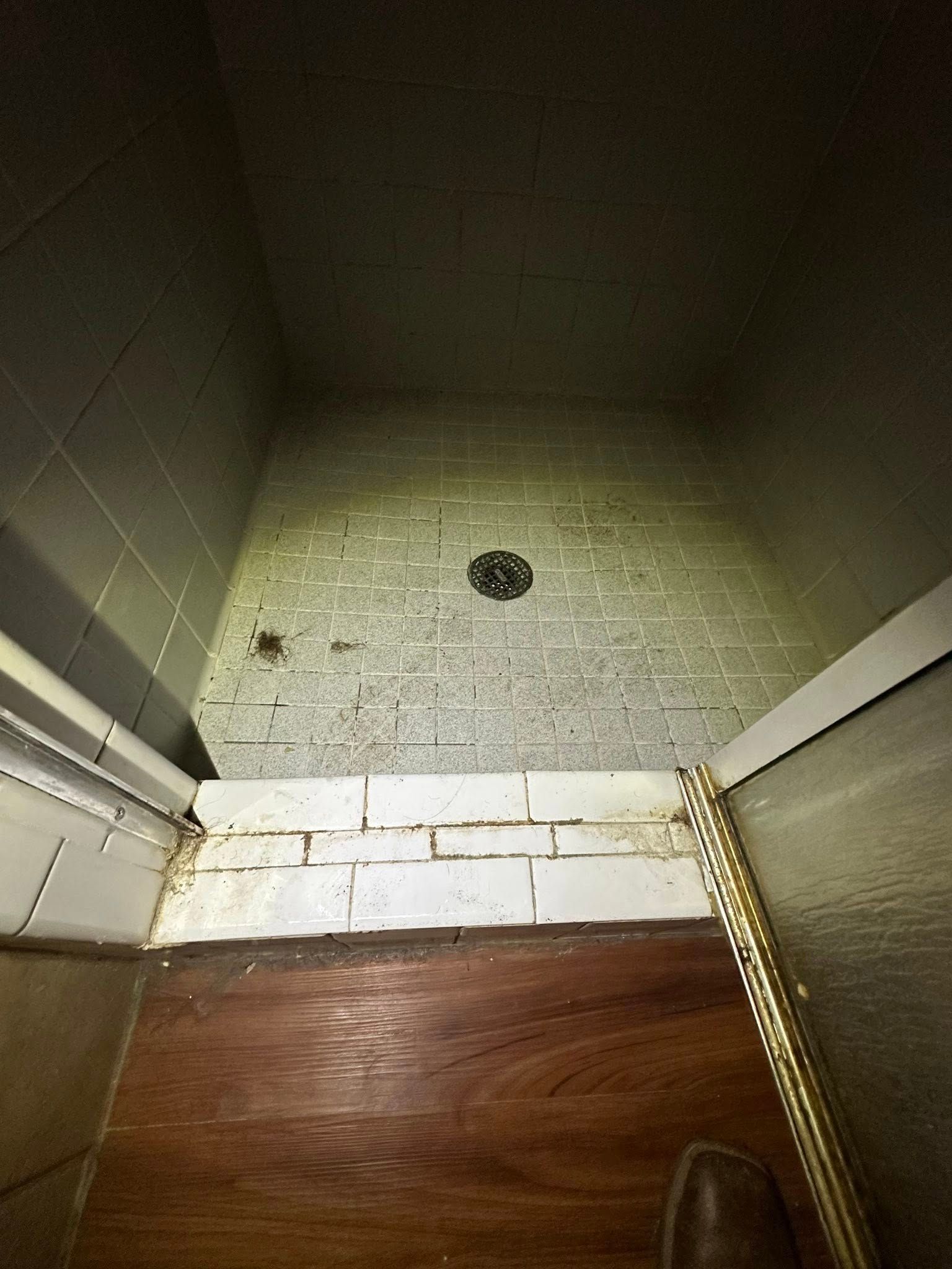 View of shower stall with tiled walls and floor, and wooden floor outside the shower.