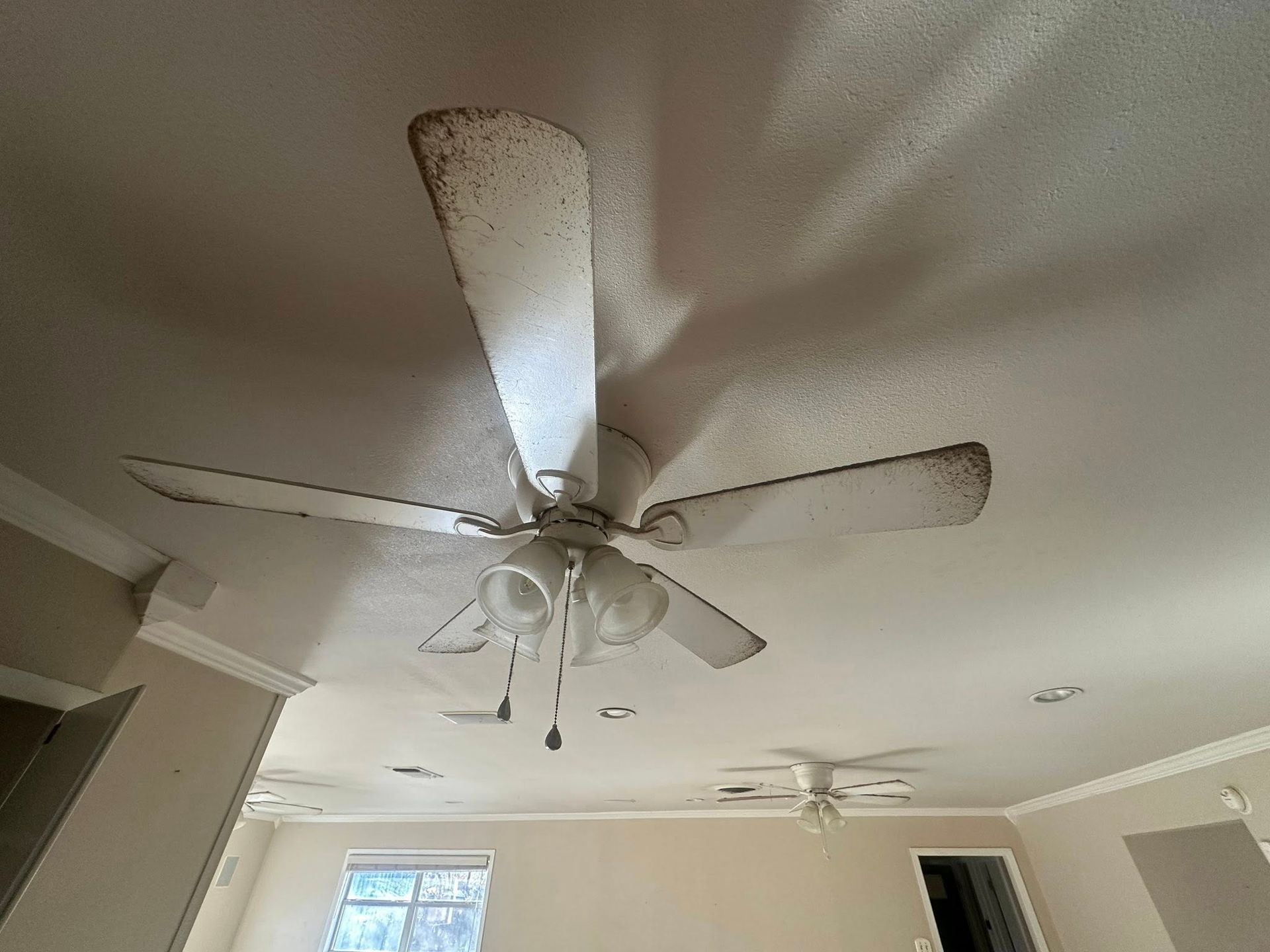 Ceiling fan with dusty white blades in a room with another fan visible in the distance.