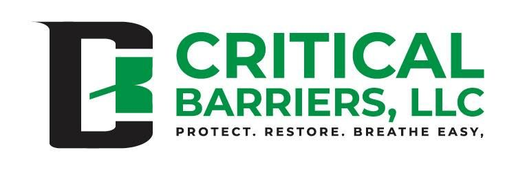 Logo for Critical Barriers, LLC. Features a black "C" with a green "B" inside and green text "CRITICAL BARRIERS, LLC." Text below: "PROTECT. RESTORE. BREATHE EASY."