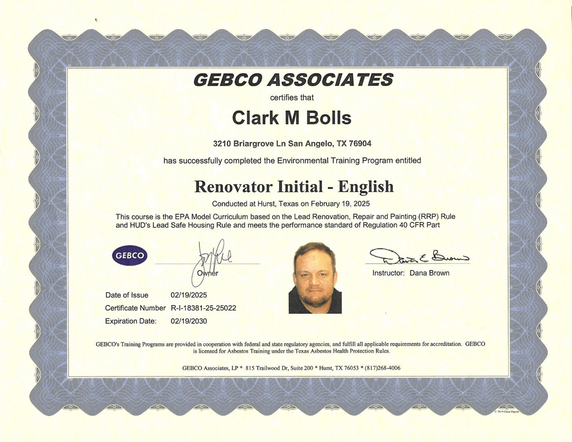 Certificate from Gebco Associates, Los Angeles, for Clark M. Bolles, Renovation Initial-English, dated October 19, 2018.
